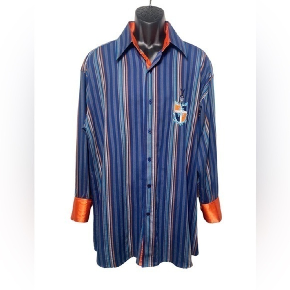 Knockout Denim Products Striped‎ Fleur de Lis Flip Cuff Button Up LS Shirt Sz XL